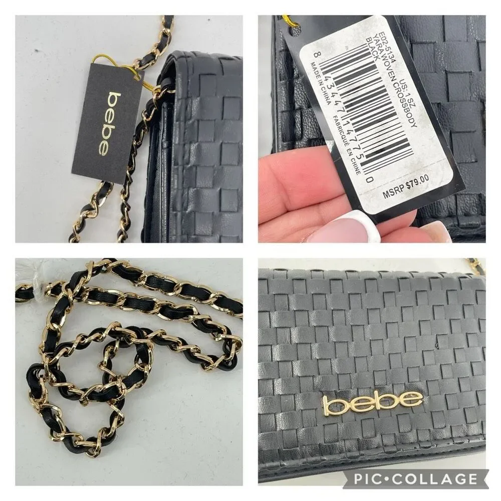 Bebe Yara Woven Vegan Leather Crossbody Bag Black Gold Chain NWT